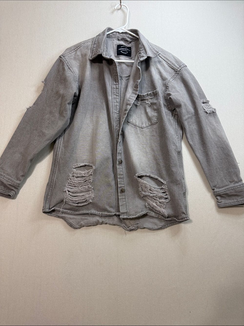 American Bazi Distressed Grey Denim Shirt Jacket